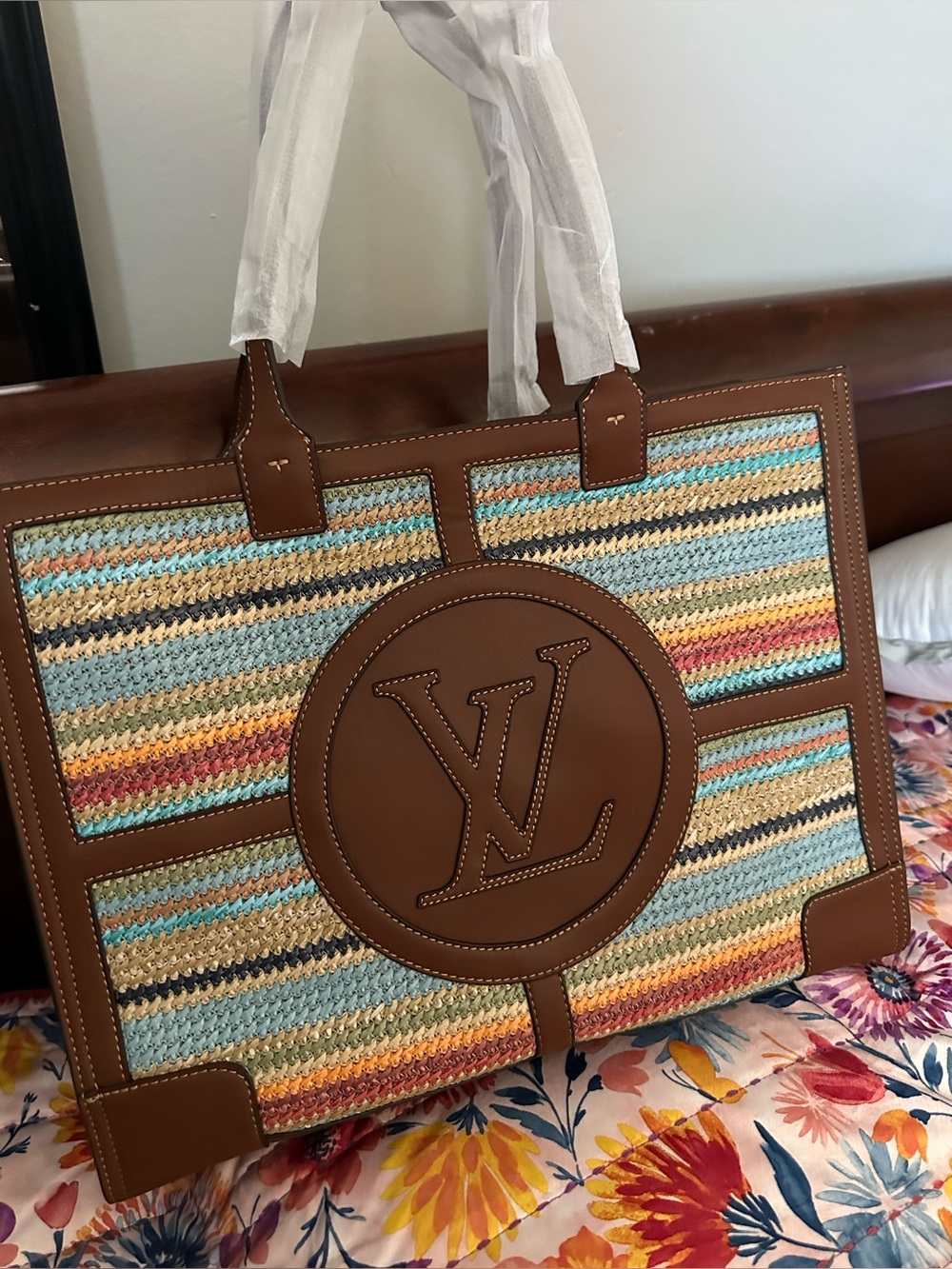 Multicolor Striped Crochet Tote Bag with Brown Trim. Not authentic